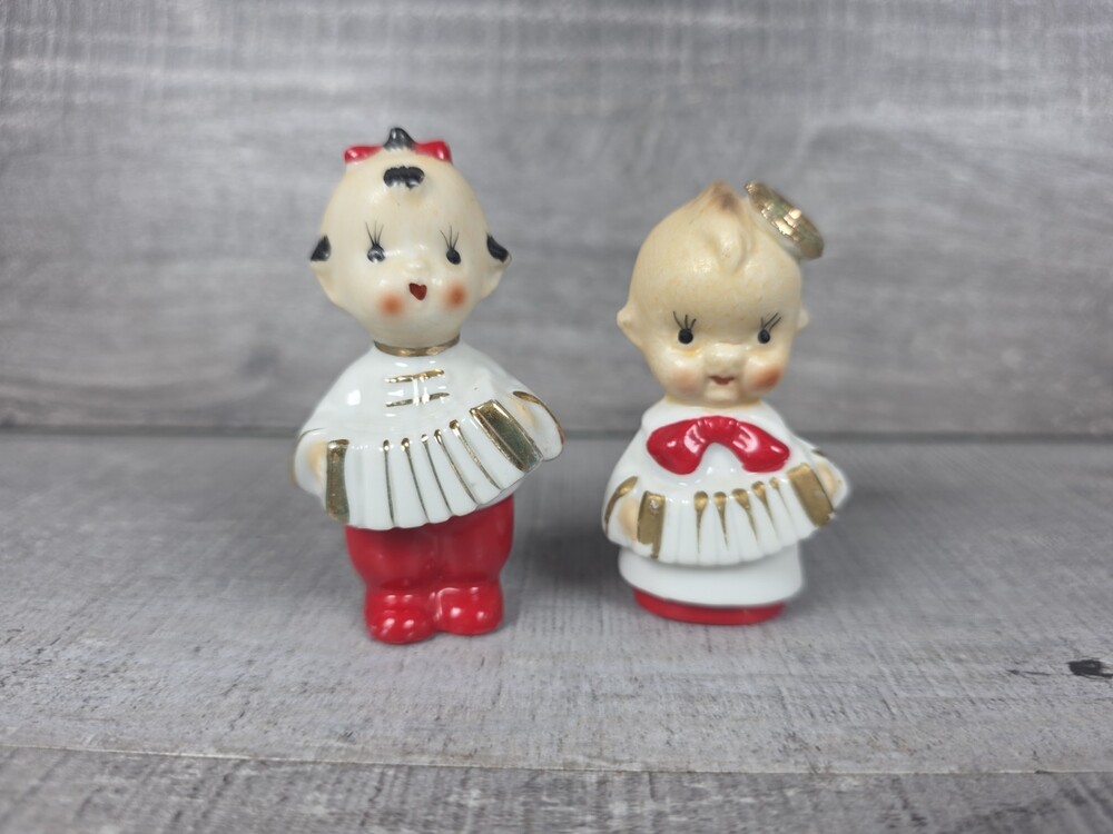 Vintage 1950s MCM Pair Of Kewpie Angel Figurines Choir Music Gold Japan 47a3
